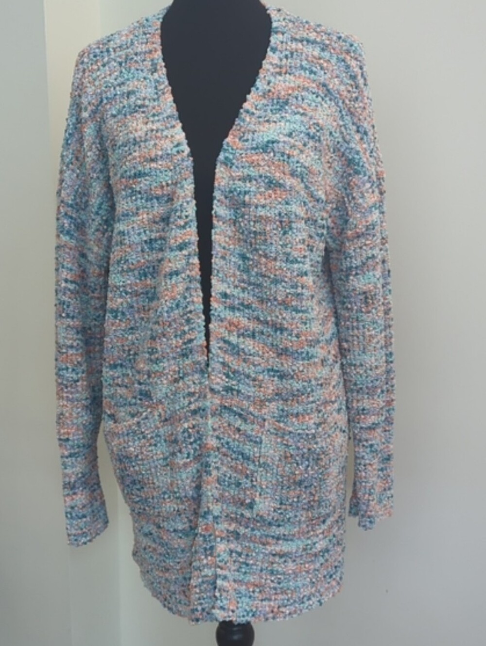 Rachel Zoe Oversized Popcorn Knit Space Dye Cardigan Sweater Blue Coral XL